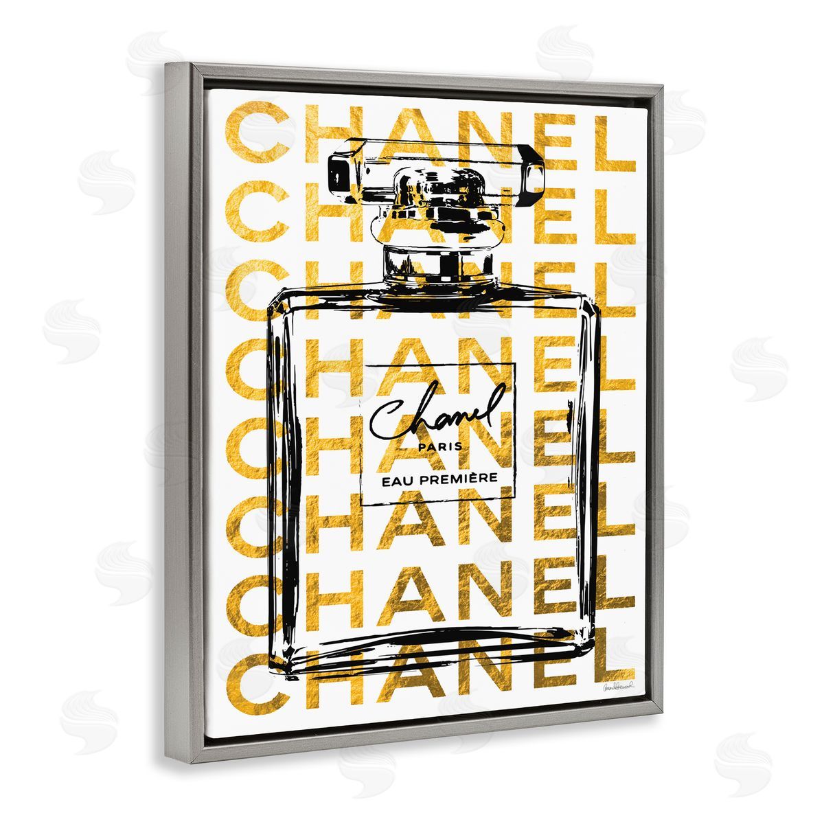 Amanda Greenwood Bold Fragrance Bottle Outline over Text Pattern Gray Floater Frame Canvas Art