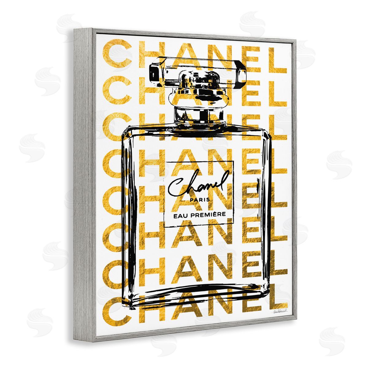 Amanda Greenwood Bold Fragrance Bottle Outline over Text Pattern Gray Framed Giclee Wall Art