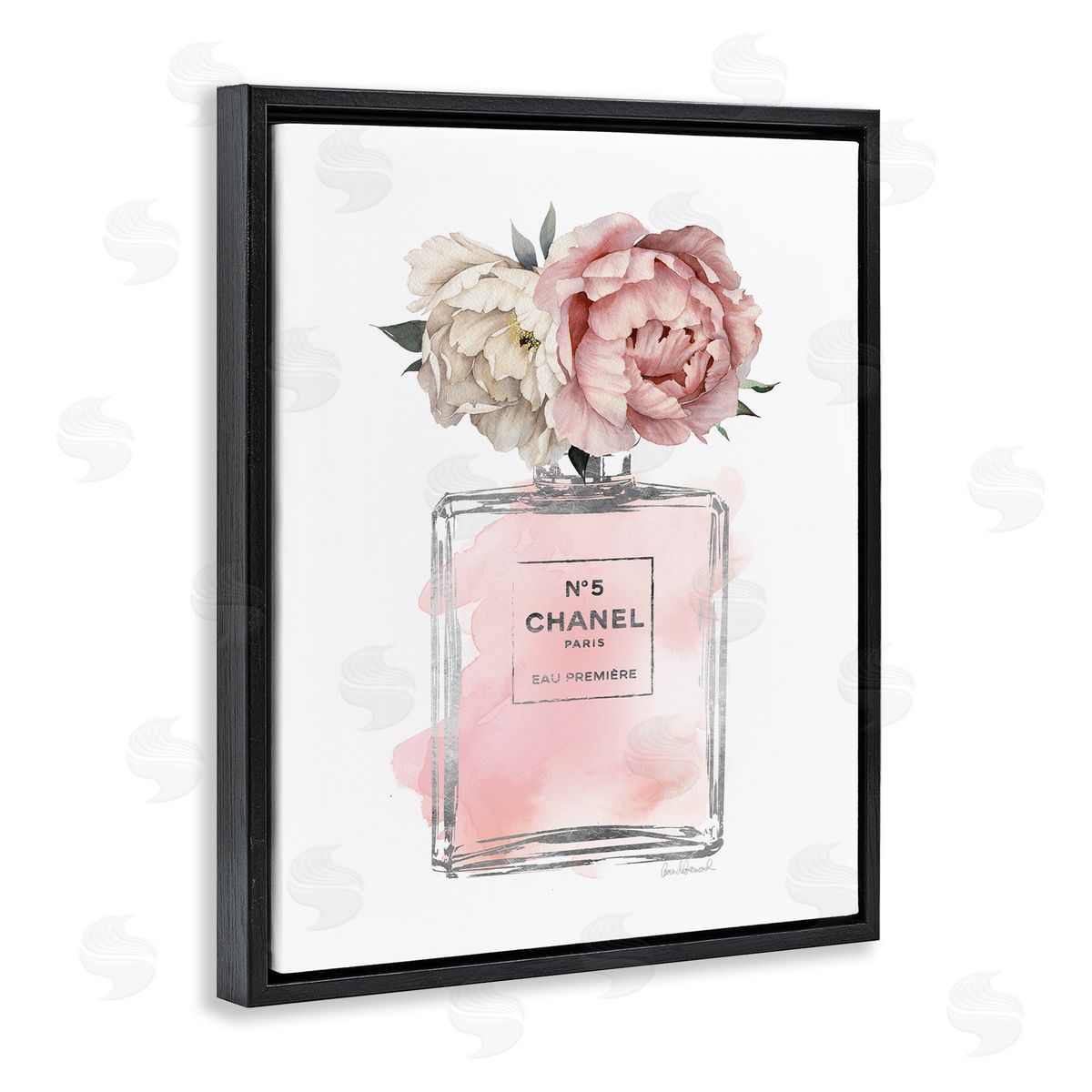 Vintage Flowers in Pink Bottle Black Floating Frame Canvas Wall Art, Home Decor by Amanda Greenwood