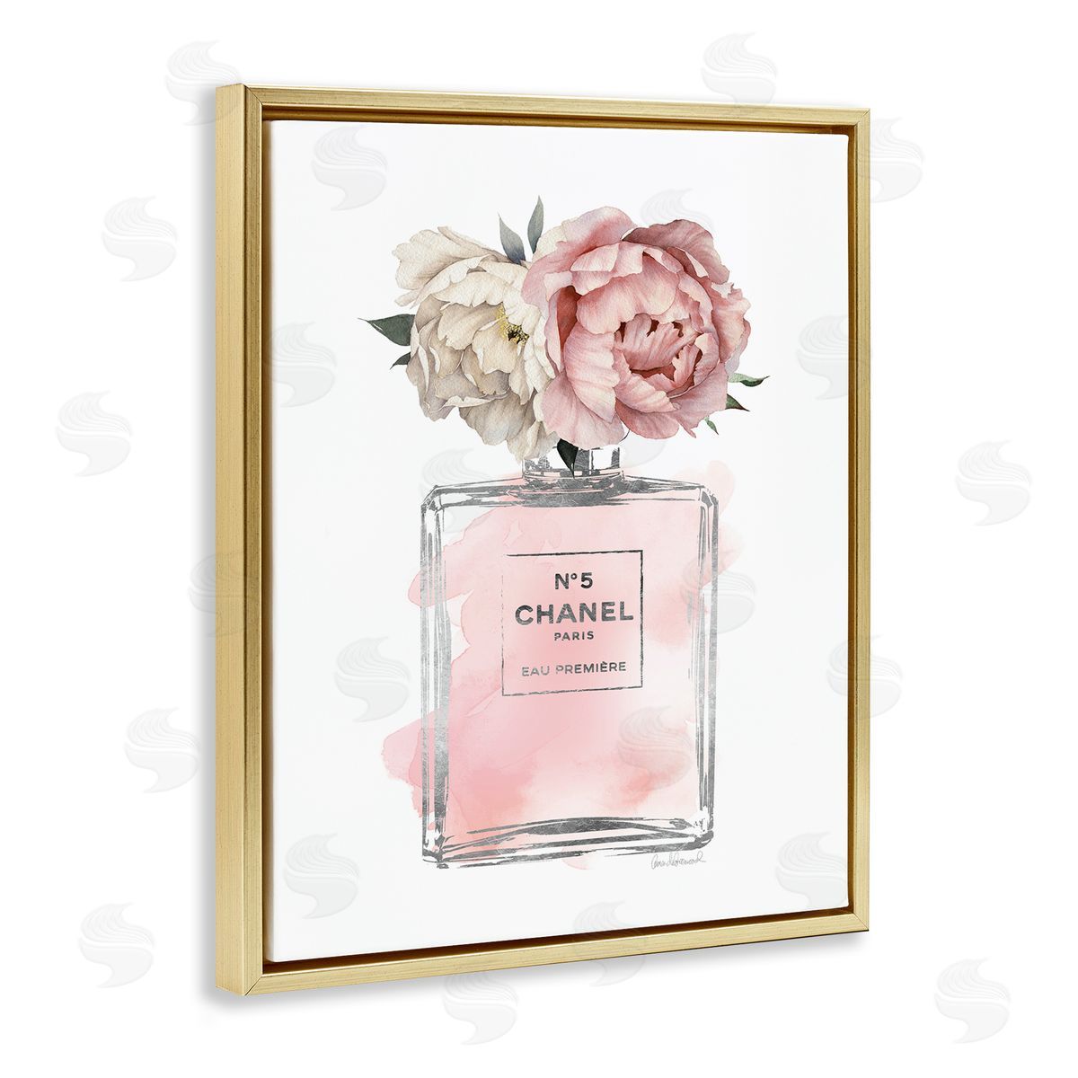 Vintage Flowers in Pink Bottle Gold Floating Frame Canvas Wall Art, Home Decor by Amanda Greenwood