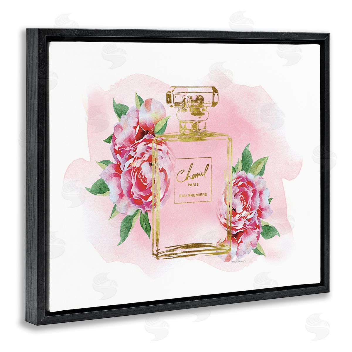 Amanda Greenwood Cute Pink Florals Splash Paint Fashion Bottle Black Floater Frame Canvas Art