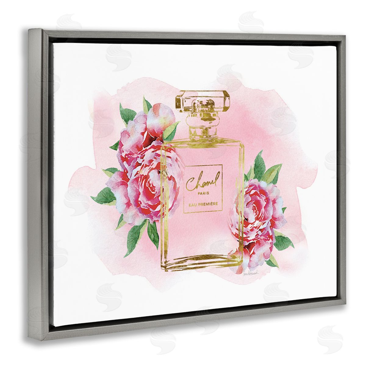 Amanda Greenwood Cute Pink Florals Splash Paint Fashion Bottle Gray Floater Frame Canvas Art