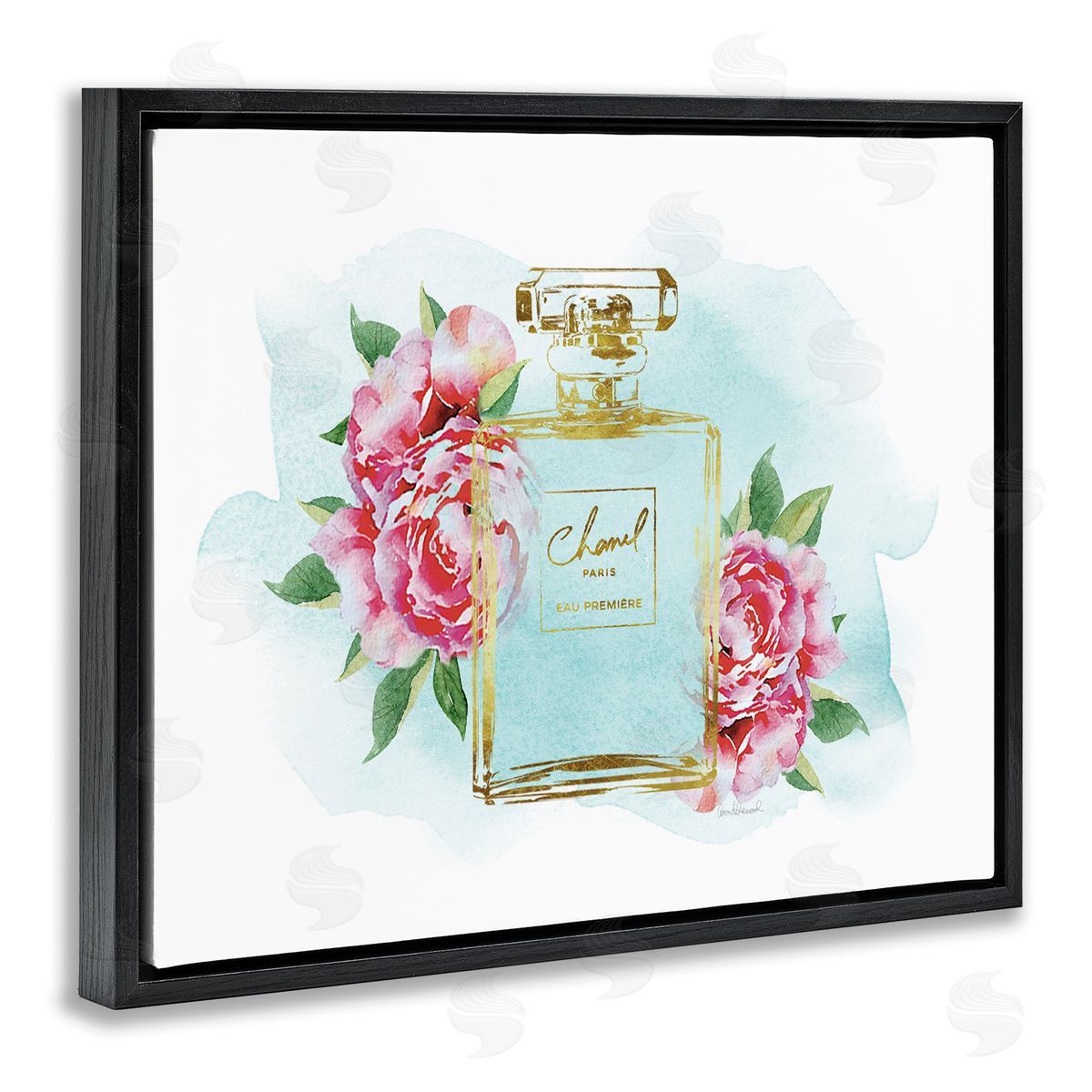 Amanda Greenwood Pink Florals and Blue Splash Fashion Fragrance Black Floater Frame Canvas Art