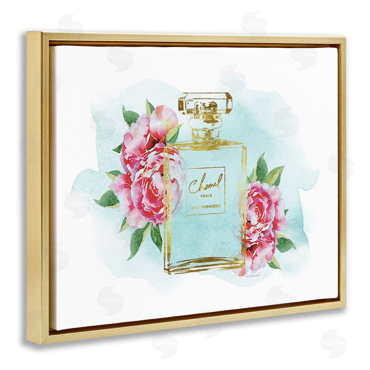 Amanda Greenwood Pink Florals and Blue Splash Fashion Fragrance Gold Floater Frame Canvas Art