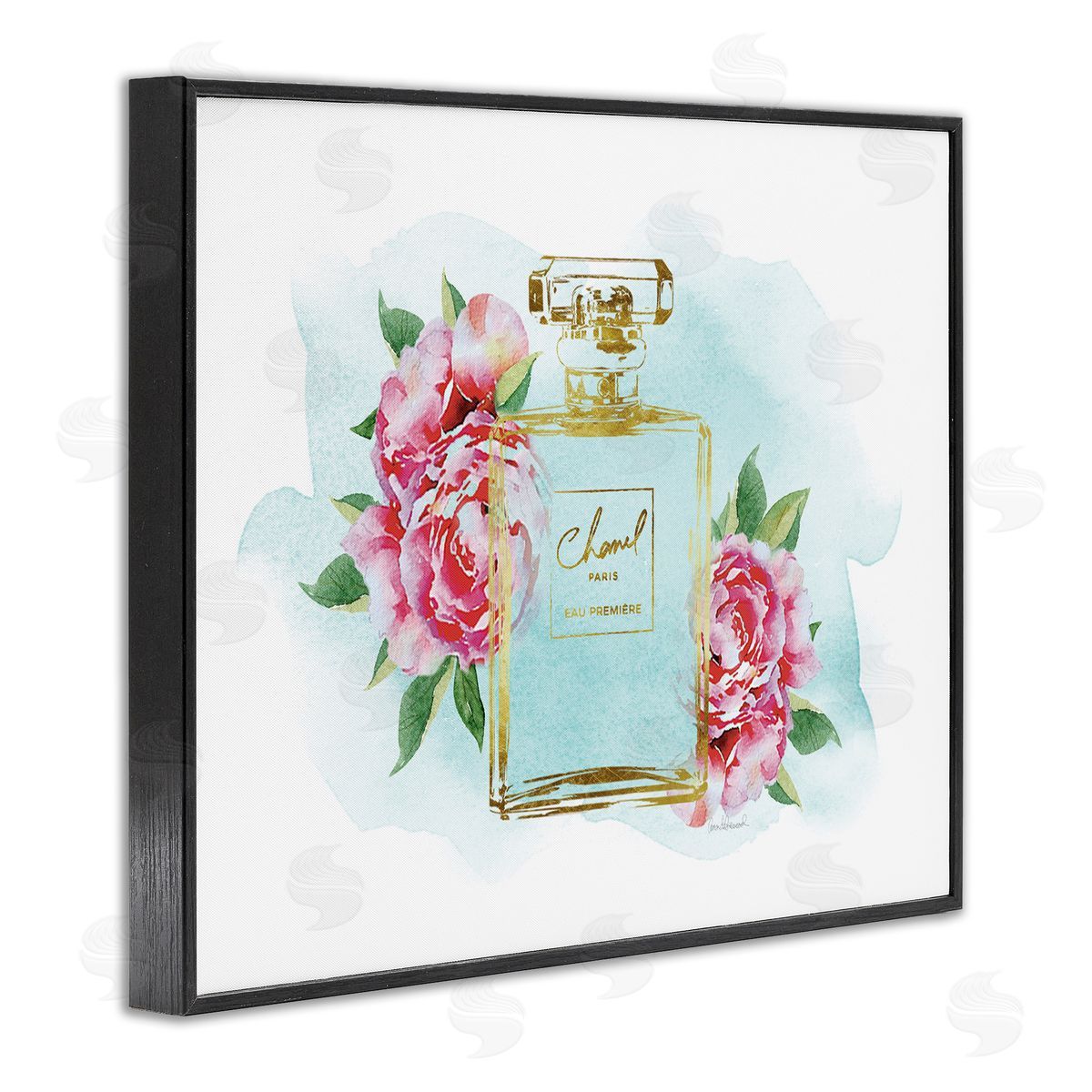 Amanda Greenwood Pink Florals and Blue Splash Fashion Fragrance Black Framed Giclee Wall Art