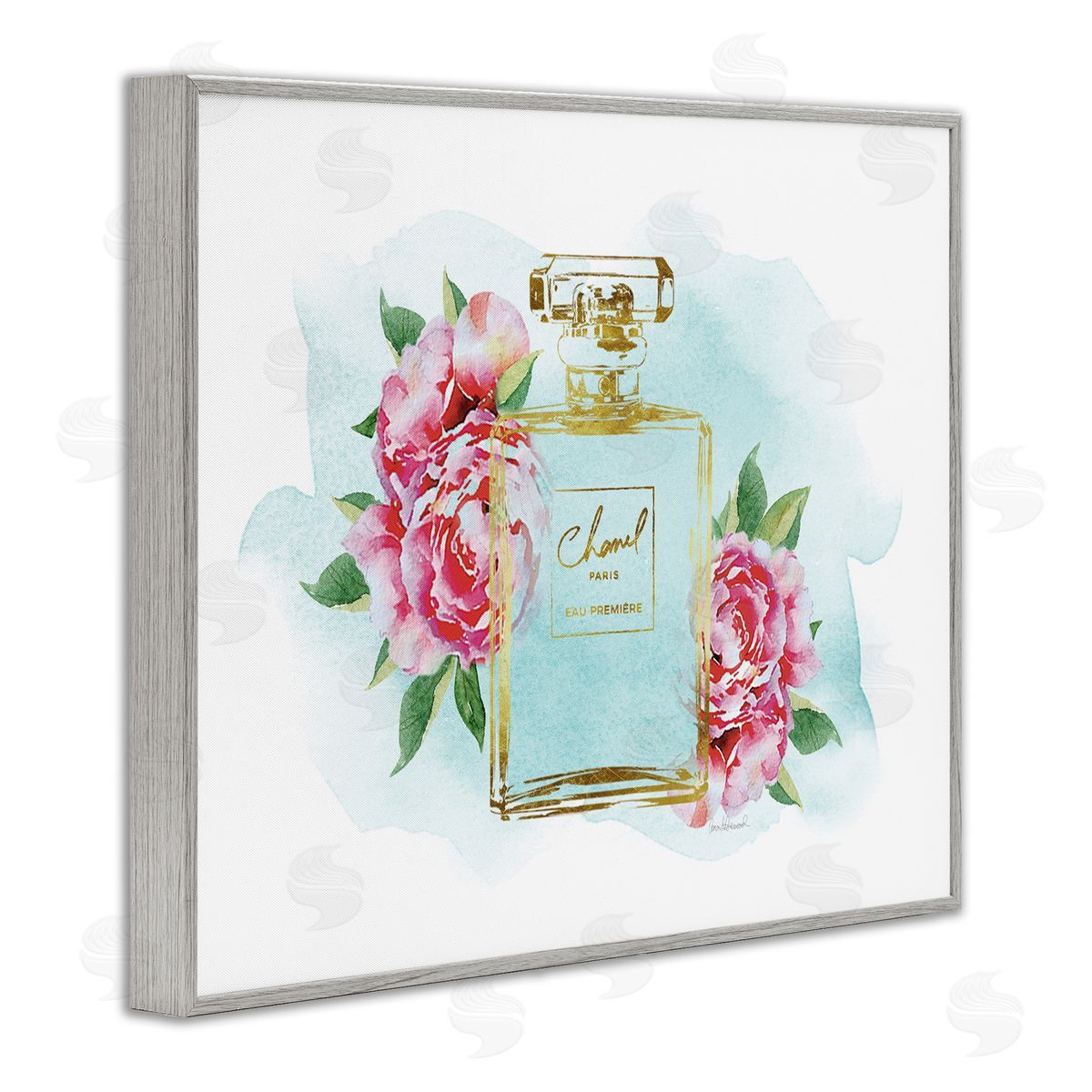 Amanda Greenwood Pink Florals and Blue Splash Fashion Fragrance Gray Framed Giclee Wall Art