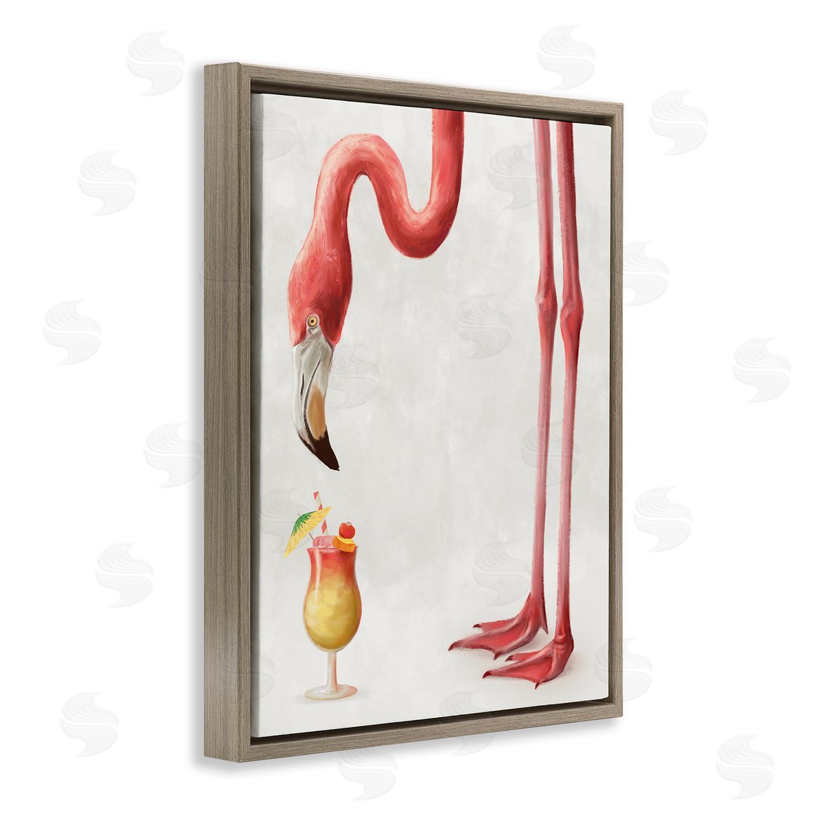 Ziwei Li Thirsty Pink Flamingo Mai Tai Tropical Cocktail Brown Floater Frame Canvas Art