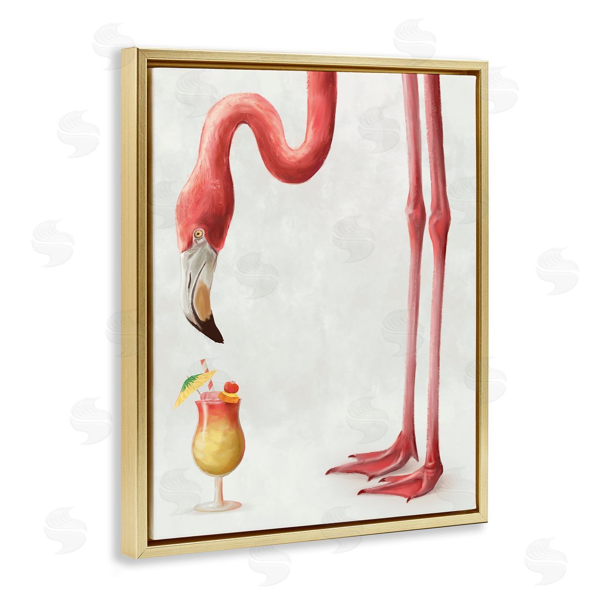 Ziwei Li Thirsty Pink Flamingo Mai Tai Tropical Cocktail Gold Floater Frame Canvas Art