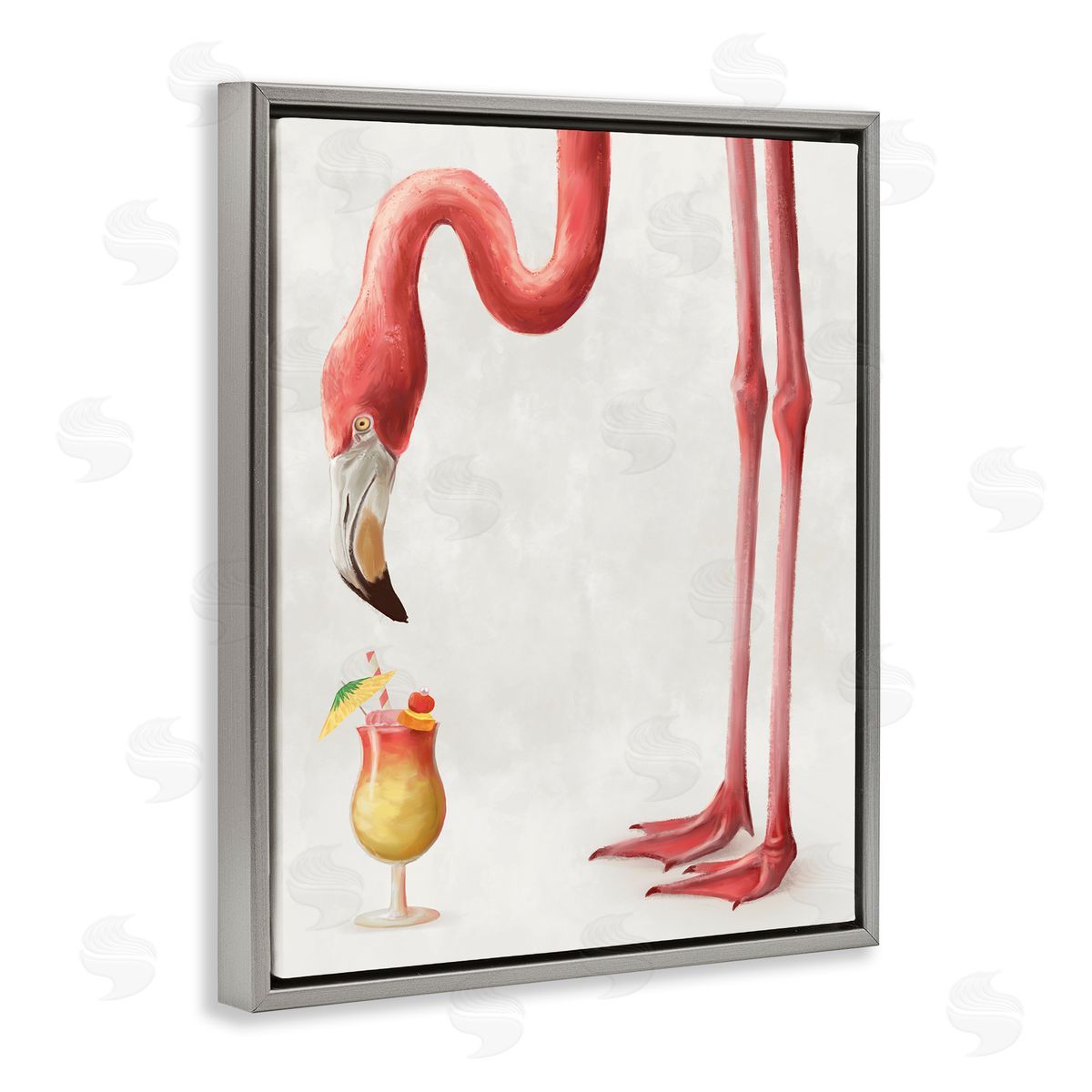 Ziwei Li Thirsty Pink Flamingo Mai Tai Tropical Cocktail Gray Floater Frame Canvas Art