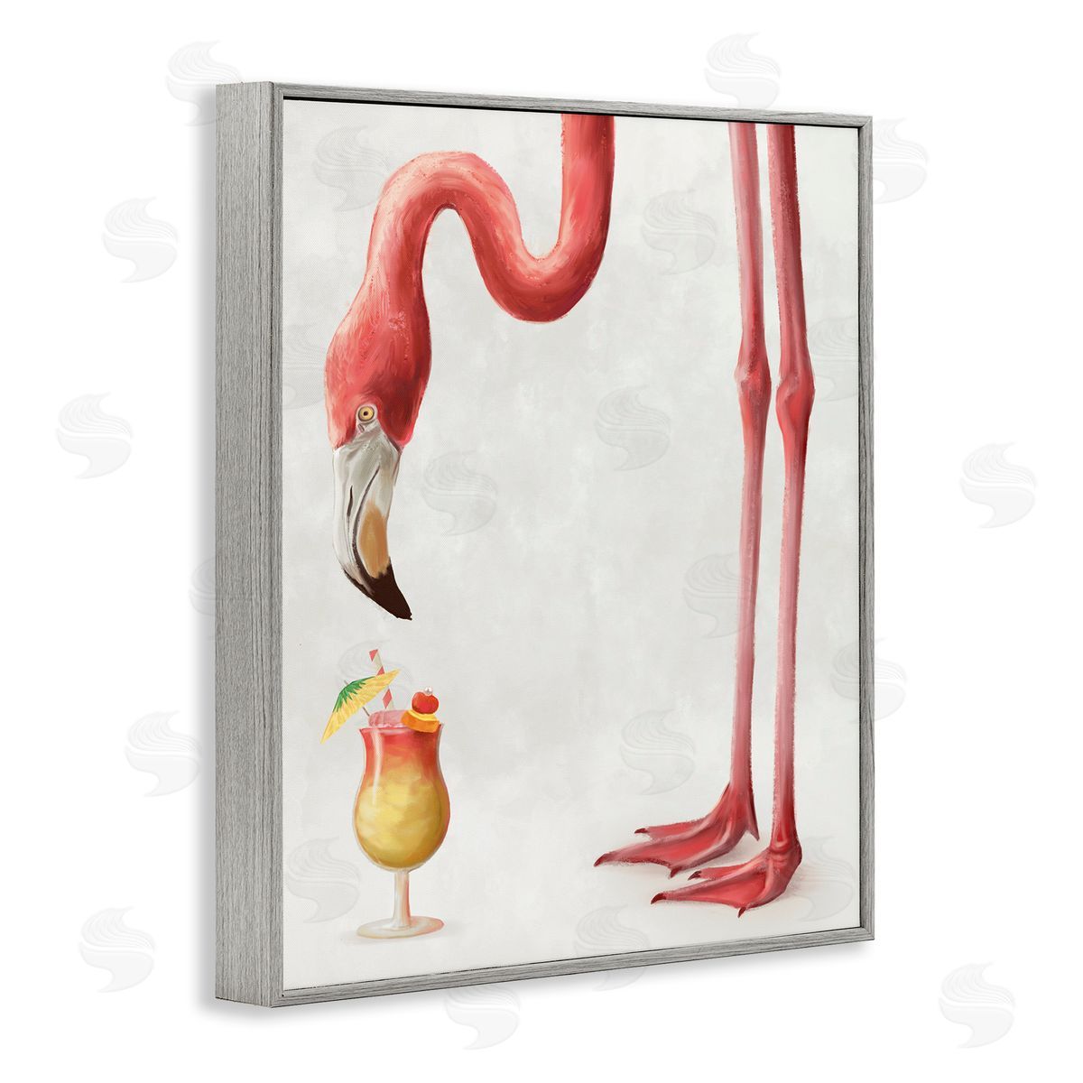 Ziwei Li Thirsty Pink Flamingo Mai Tai Tropical Cocktail Gray Framed Giclee Wall Art