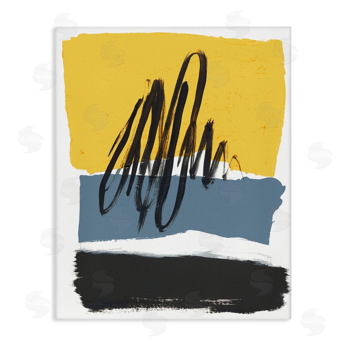 Bronwyn Baker Abstract Squiggle Over Vibrant Shapes Yellow Blue Canvas Wall Art