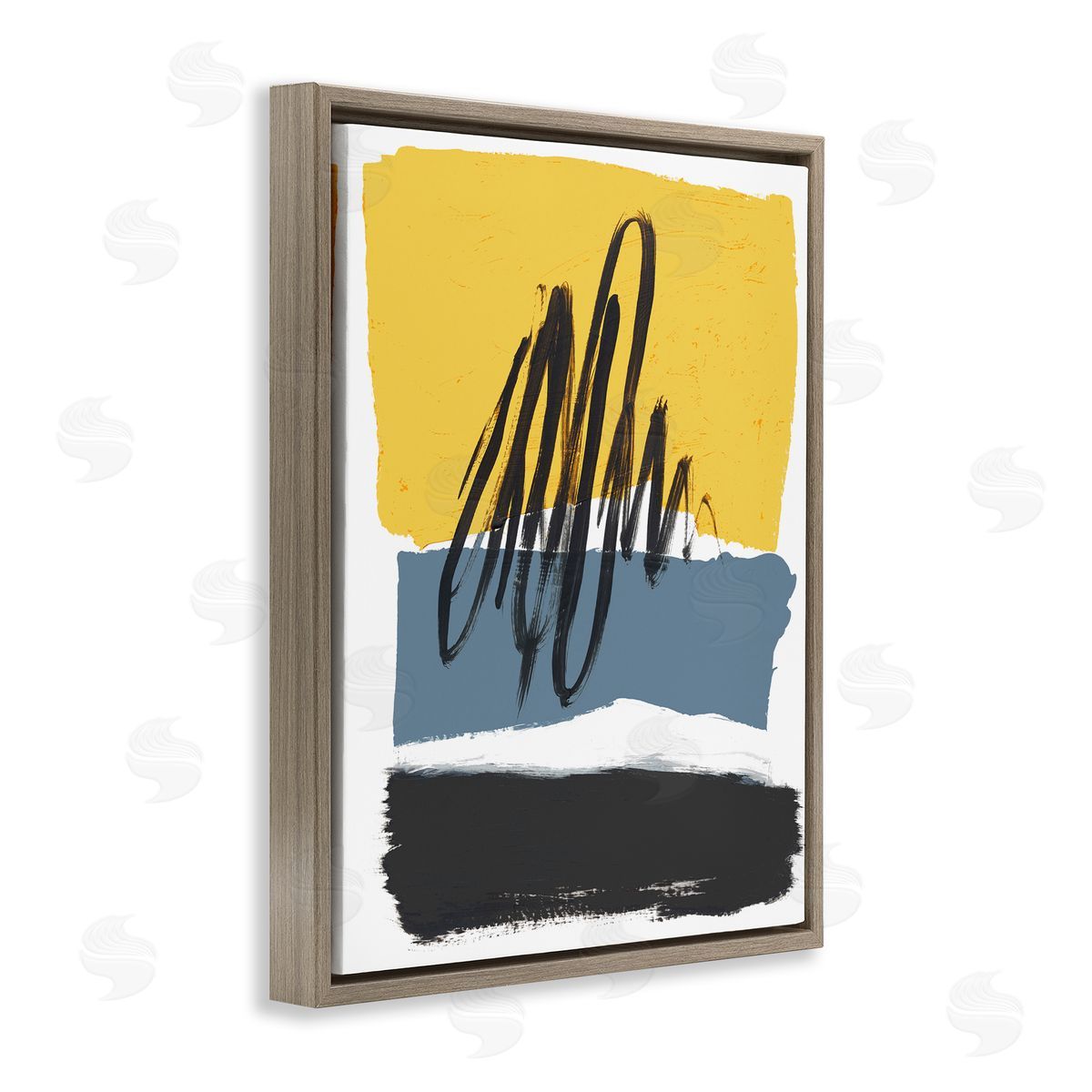 Bronwyn Baker Abstract Squiggle Over Vibrant Shapes Yellow Blue Brown Floater Frame Canvas Art