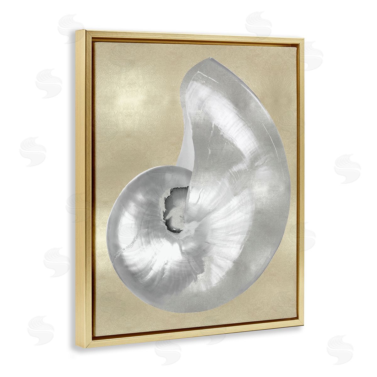 Caroline Kelly Glam Nautilus Shell Soft Grey Neutral over Beige Gold Floater Frame Canvas Art
