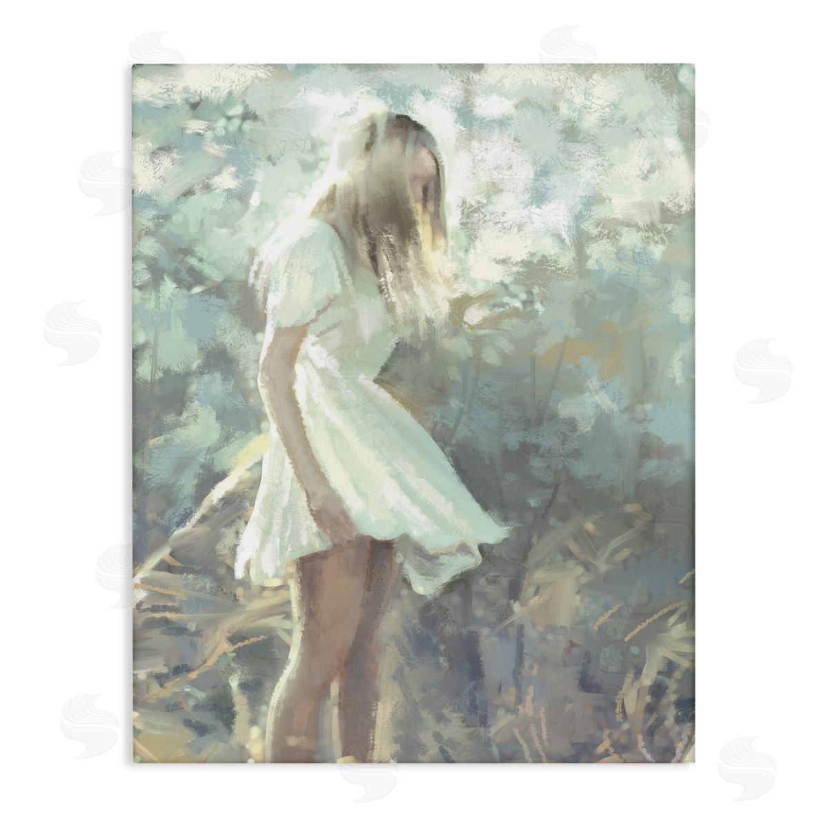 Ziwei Li Girl Wandering in Forest Grass Soft Muted Green Canvas Wall Art
