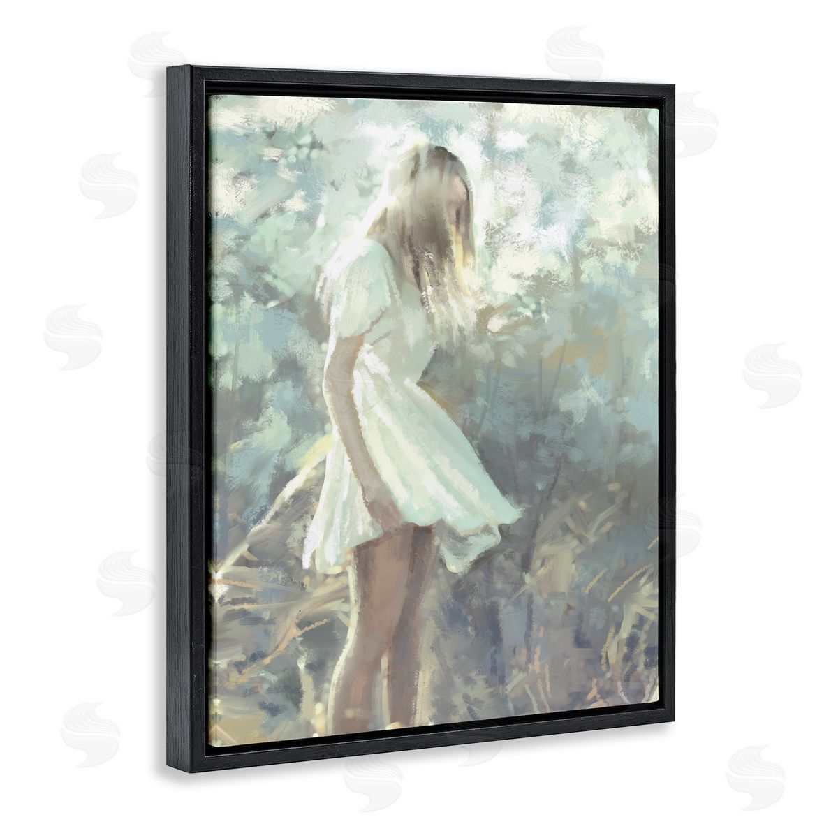 Ziwei Li Girl Wandering in Forest Grass Soft Muted Green Black Floater Frame Canvas Art