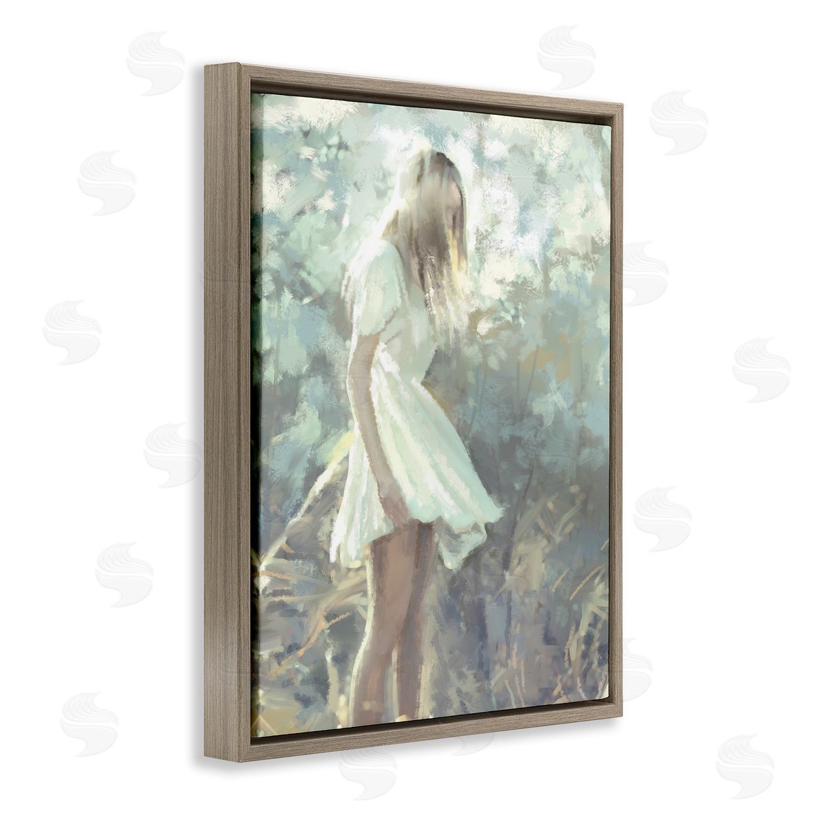 Ziwei Li Girl Wandering in Forest Grass Soft Muted Green Brown Floater Frame Canvas Art
