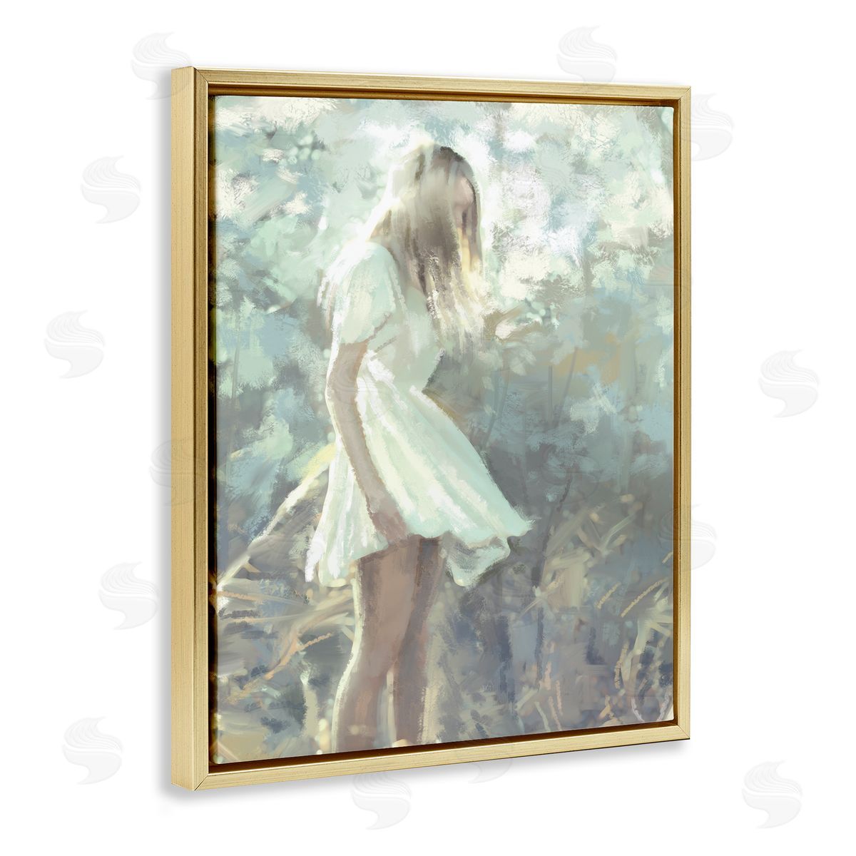 Ziwei Li Girl Wandering in Forest Grass Soft Muted Green Gold Floater Frame Canvas Art