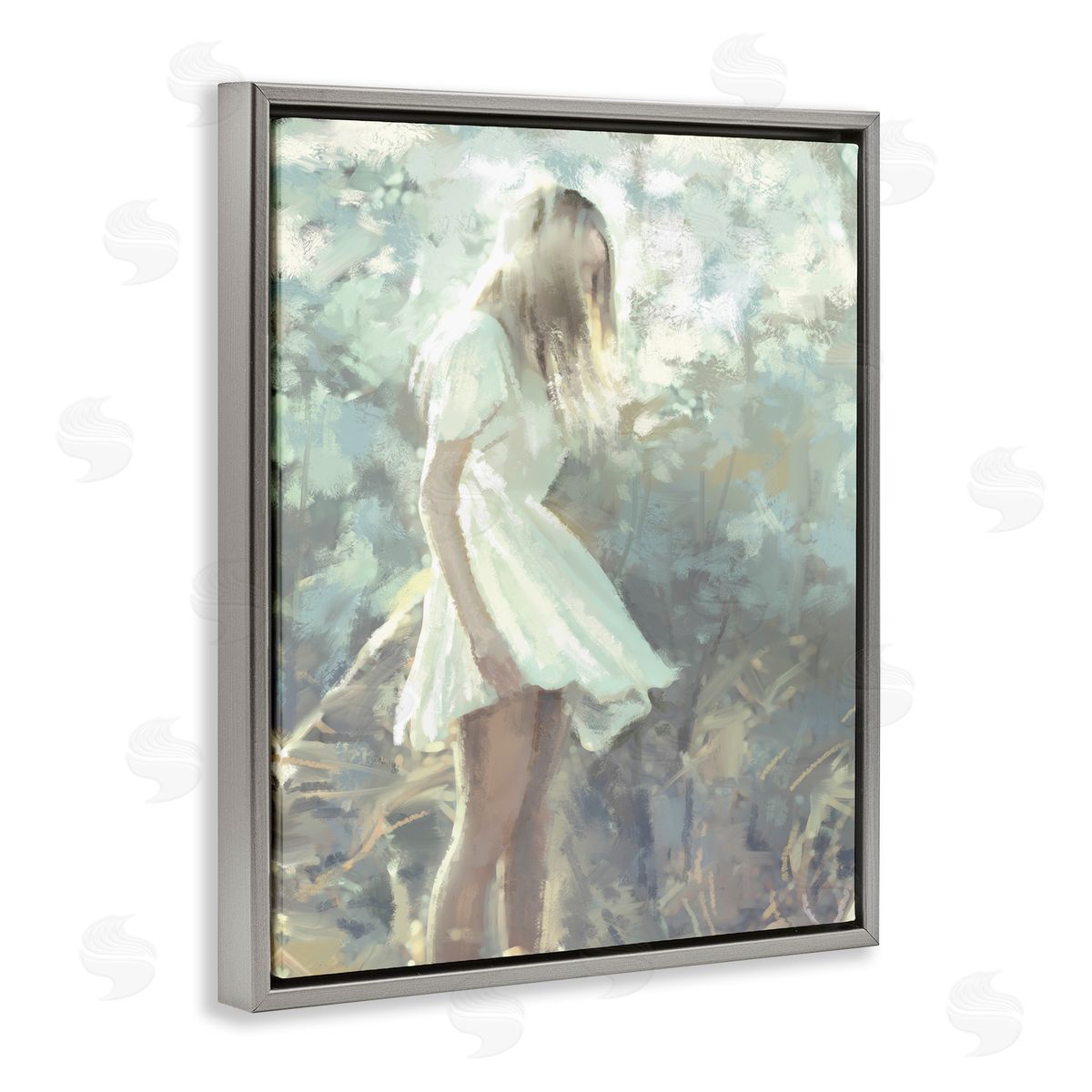 Ziwei Li Girl Wandering in Forest Grass Soft Muted Green Gray Floater Frame Canvas Art