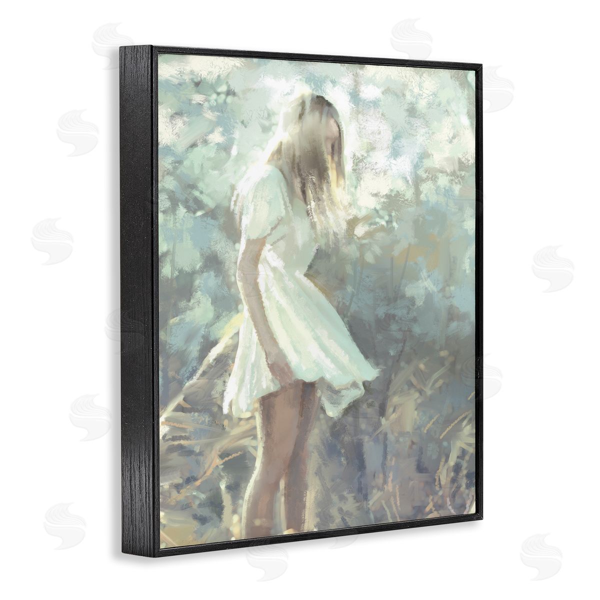 Ziwei Li Girl Wandering in Forest Grass Soft Muted Green Black Framed Giclee Wall Art