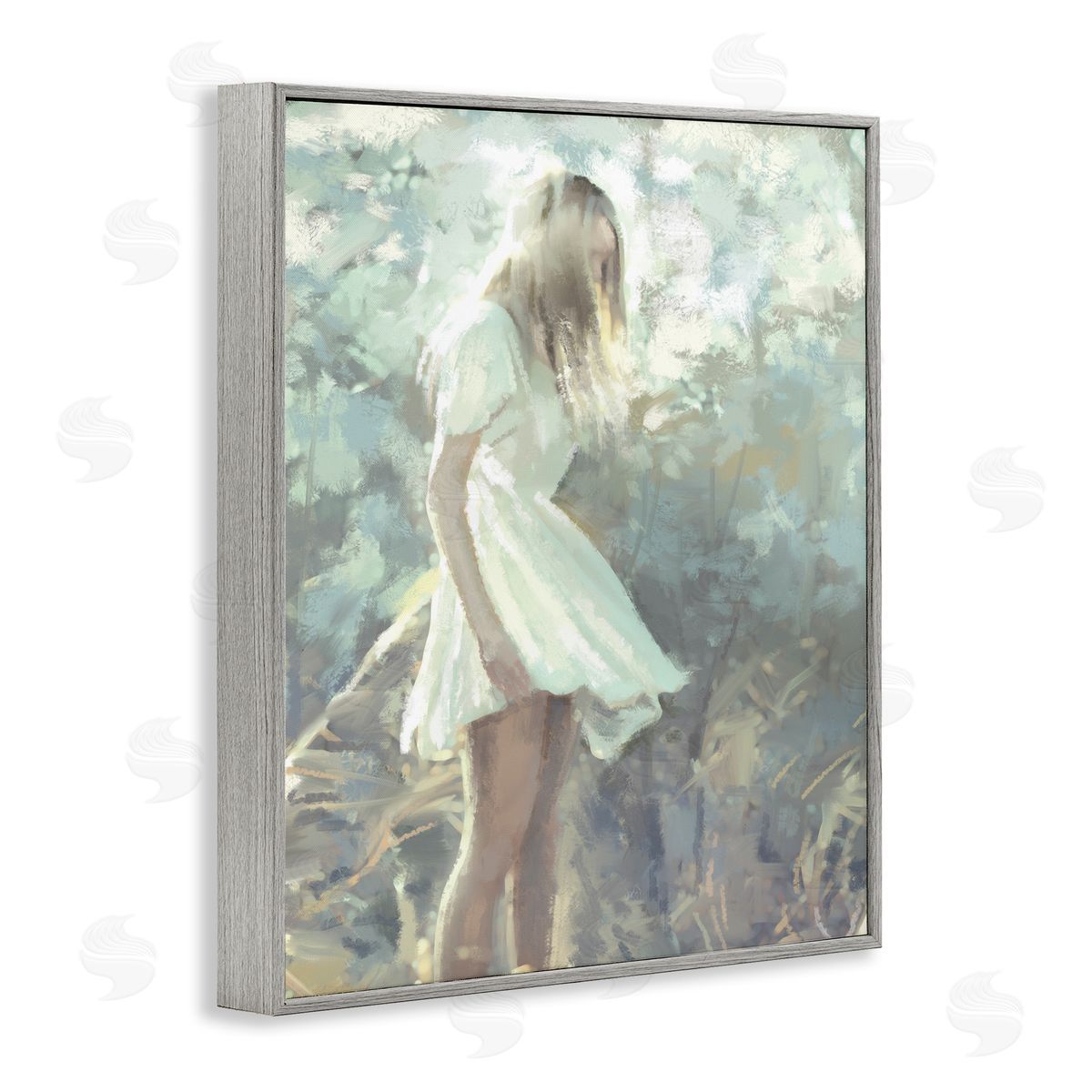 Ziwei Li Girl Wandering in Forest Grass Soft Muted Green Gray Framed Giclee Wall Art