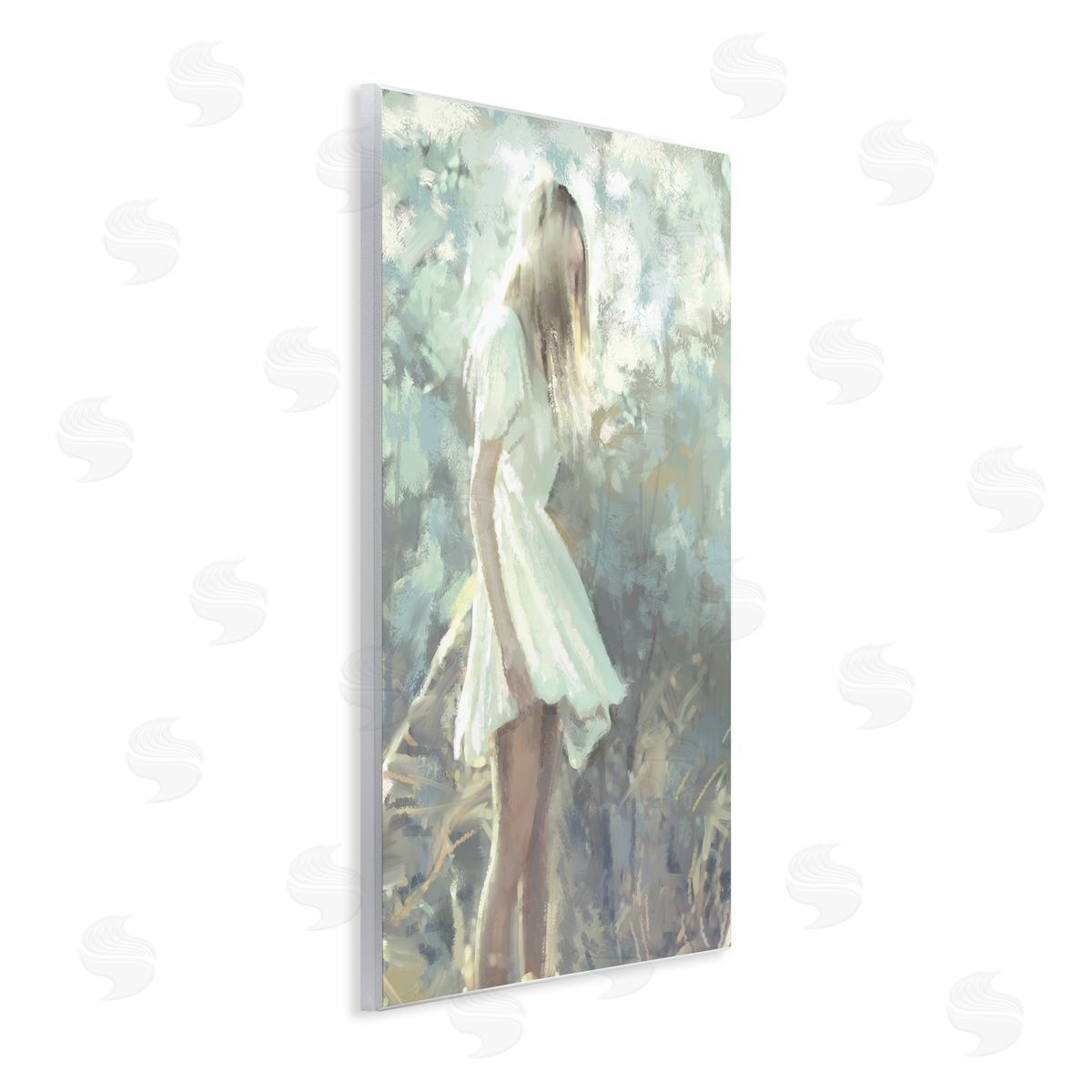 Ziwei Li Girl Wandering in Forest Grass Soft Muted Green Wall Plaque Art