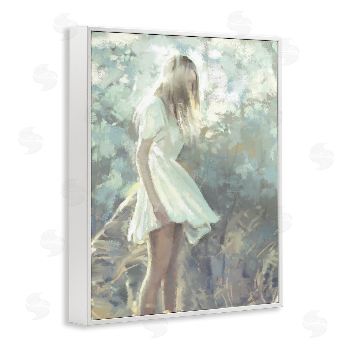 Ziwei Li Girl Wandering in Forest Grass Soft Muted Green White Framed Giclee Wall Art
