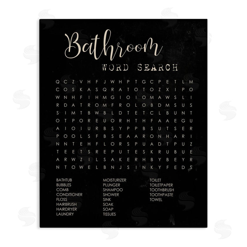 Stupell Studio | Bathroom Word Search Activity over Distressed Black