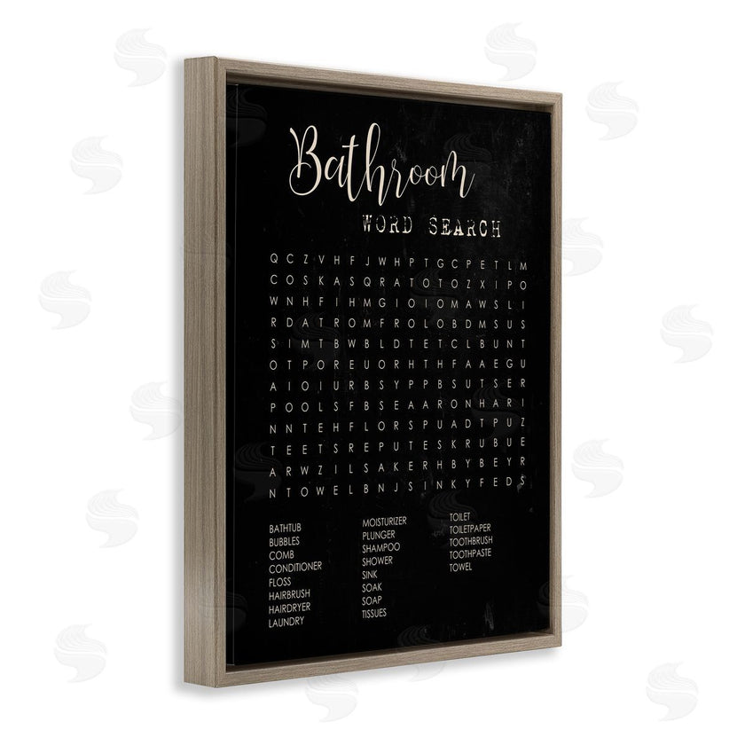 Stupell Studio | Bathroom Word Search Activity over Distressed Black
