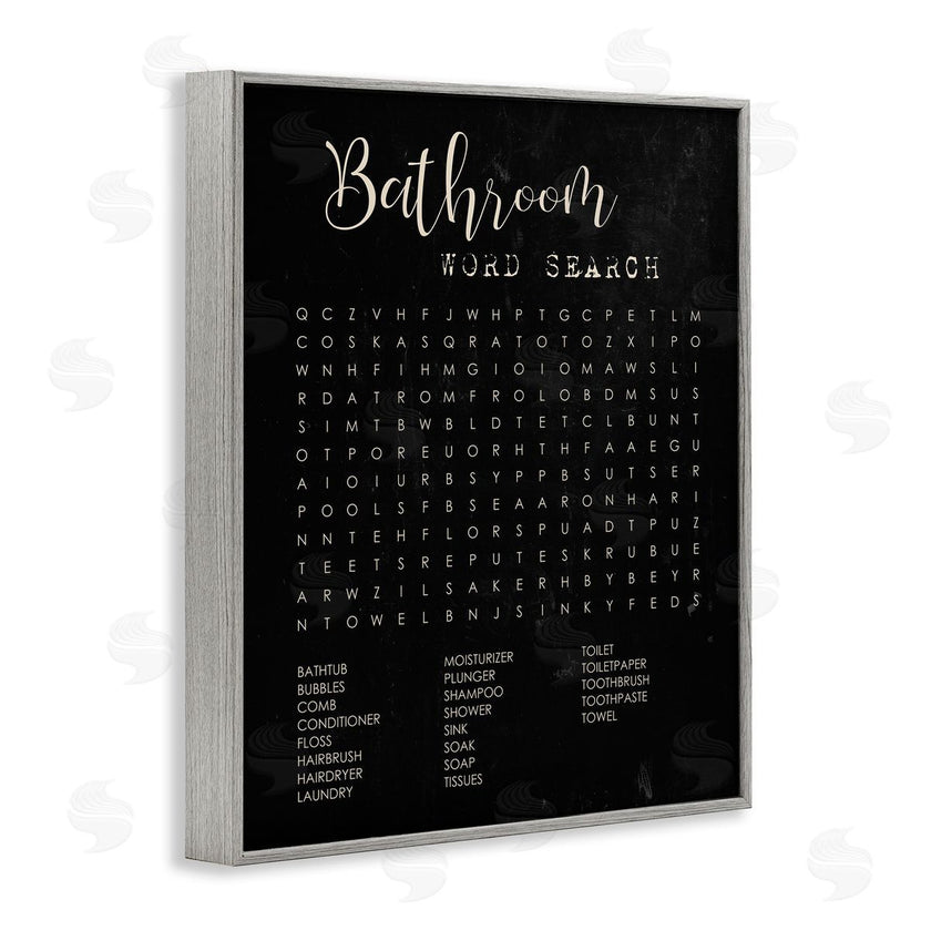 Stupell Studio | Bathroom Word Search Activity over Distressed Black