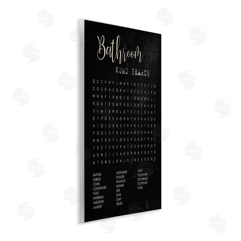 Stupell Studio | Bathroom Word Search Activity over Distressed Black