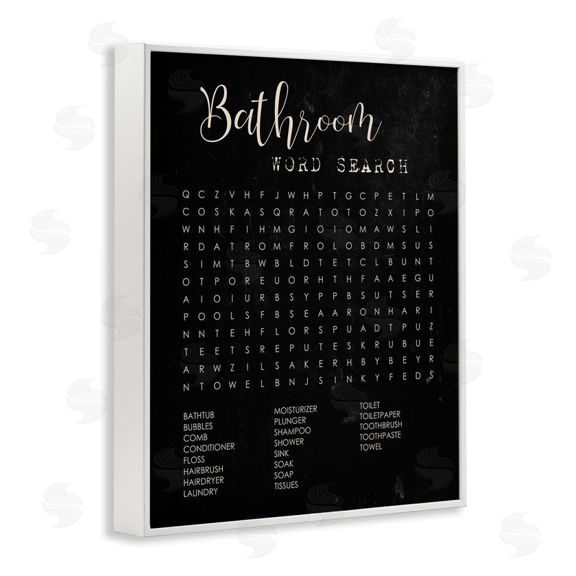 Stupell Studio | Bathroom Word Search Activity over Distressed Black