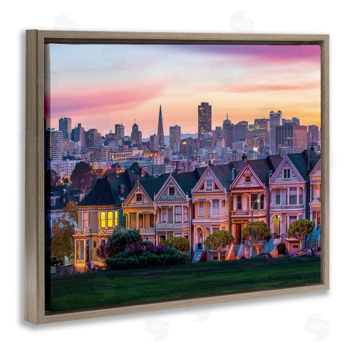 Dave Gordon San Francisco California Sunset Cityscape Architecture  Brown Floater Frame Canvas Art