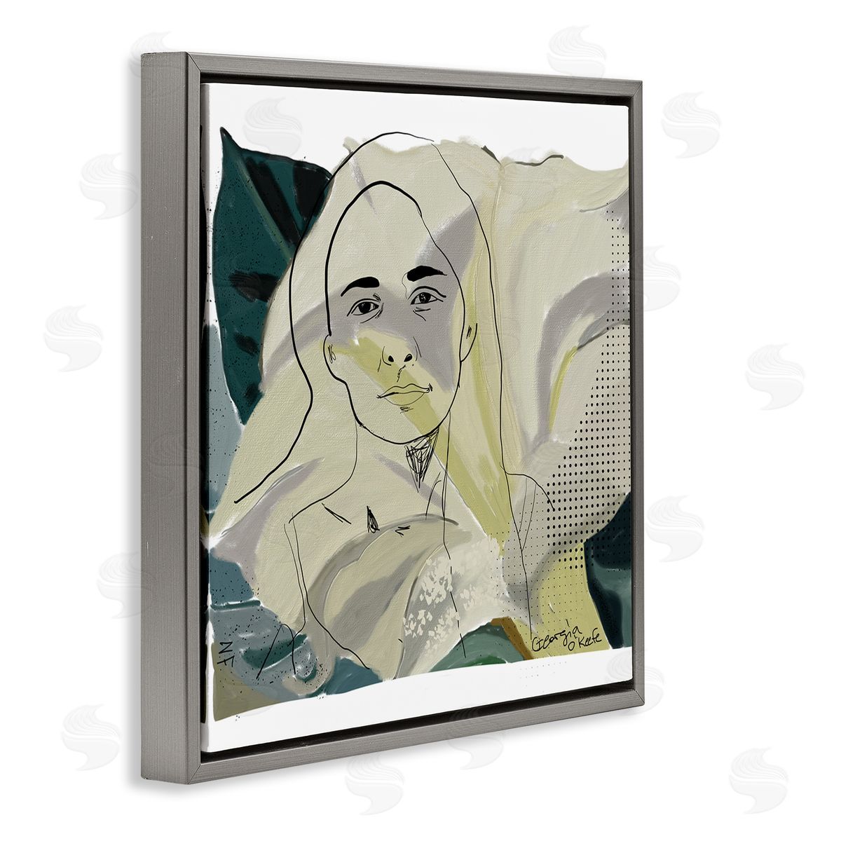 Nancy Ferrara O'Keefe Artist Portrait Off-White Lily Floral Gray Floater Frame Canvas Art