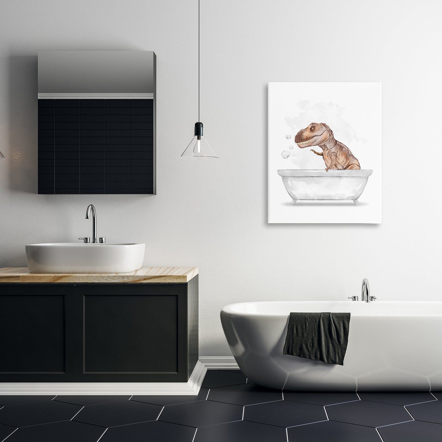 T-Rex Dino in Bubble Bath Canvas Wall Art in Room, Home Decor by Ziwei Li