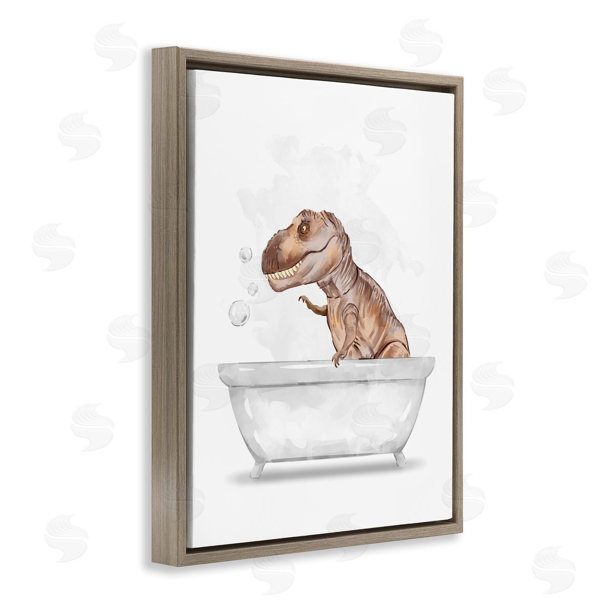 T-Rex Dino in Bubble Bath Brown Floating Frame Canvas Wall Art, Home Decor by Ziwei Li