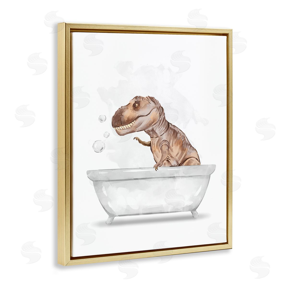T-Rex Dino in Bubble Bath Gold Floating Frame Canvas Wall Art, Home Decor by Ziwei Li