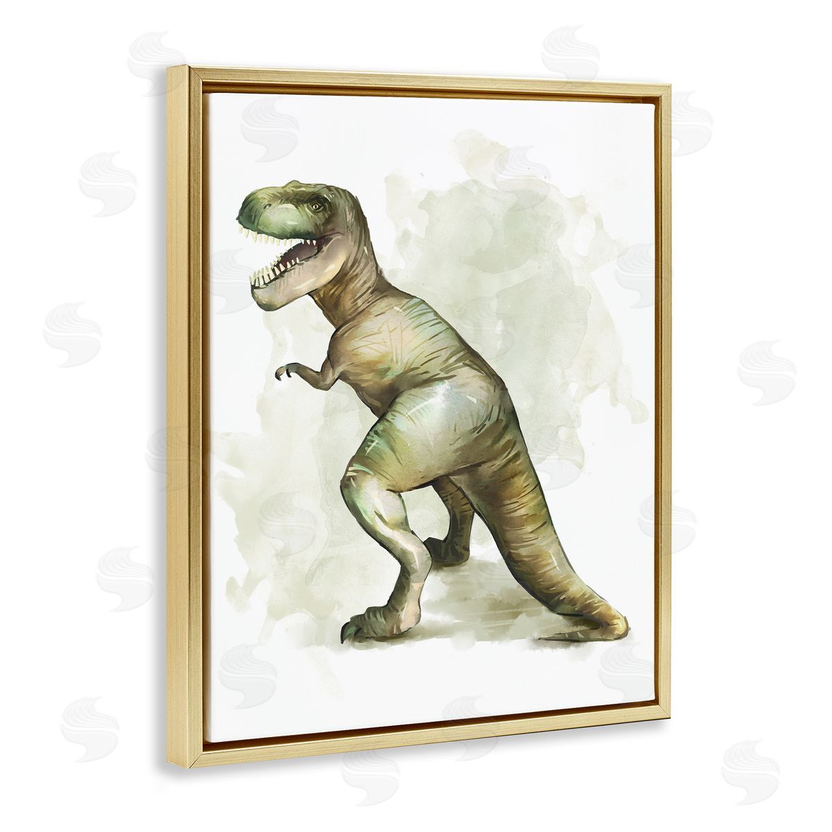 Ziwei Li Green T-Rex Dinosaur Ancient Reptile Roar Gold Floater Frame Canvas Art