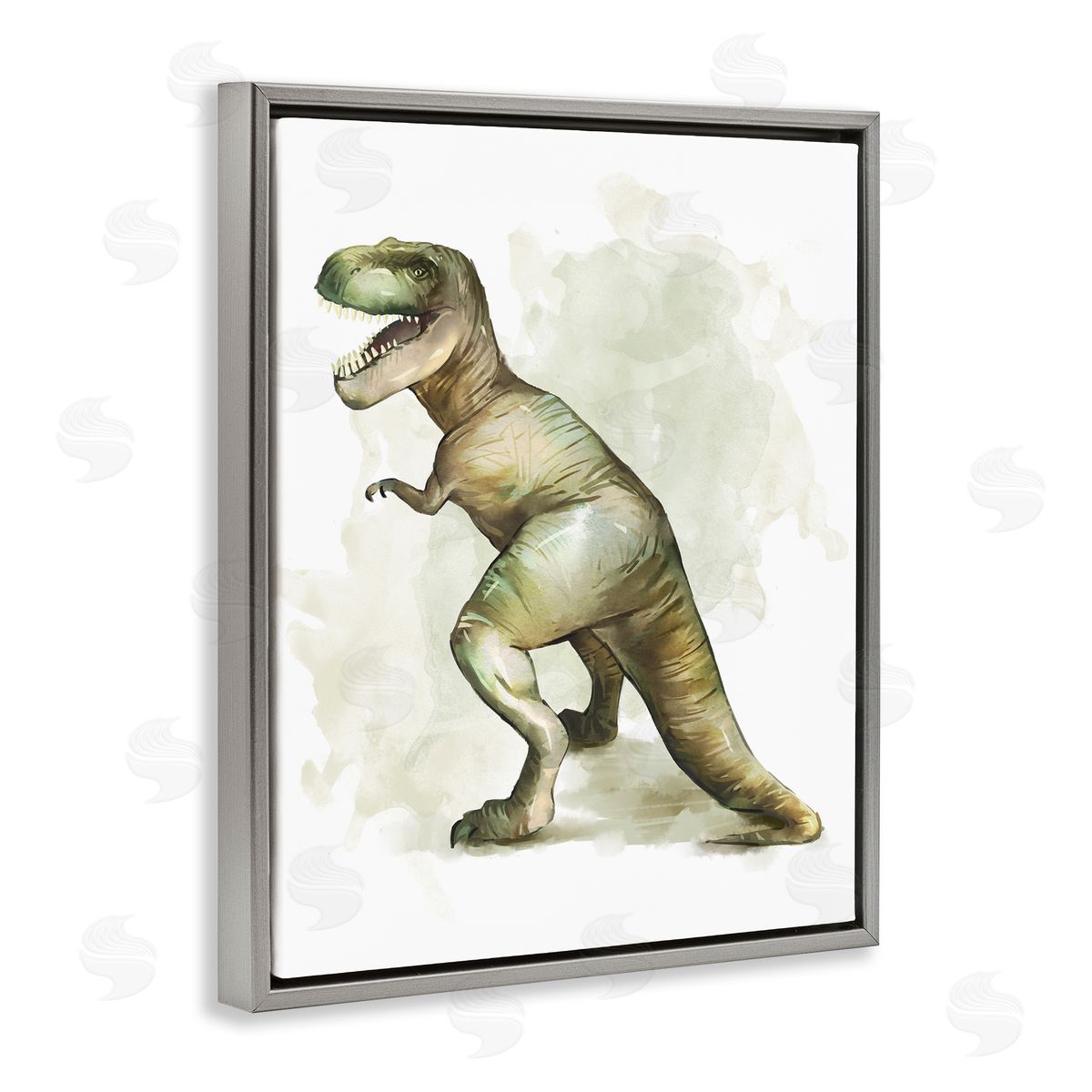 Ziwei Li Green T-Rex Dinosaur Ancient Reptile Roar Gray Floater Frame Canvas Art
