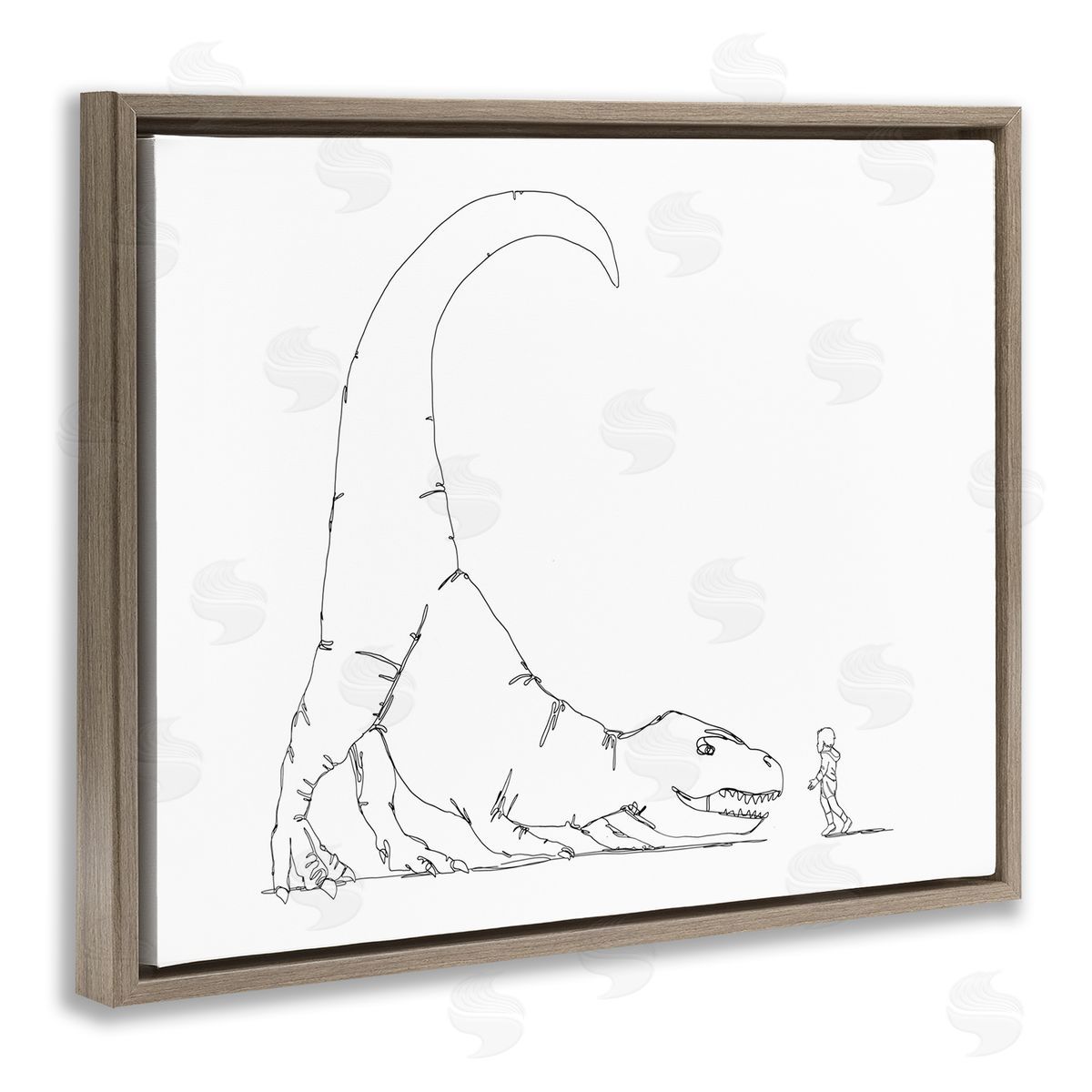 Ziwei Li Dinosaur T-Rex and Boy Line Drawing Minimal Brown Floater Frame Canvas Art