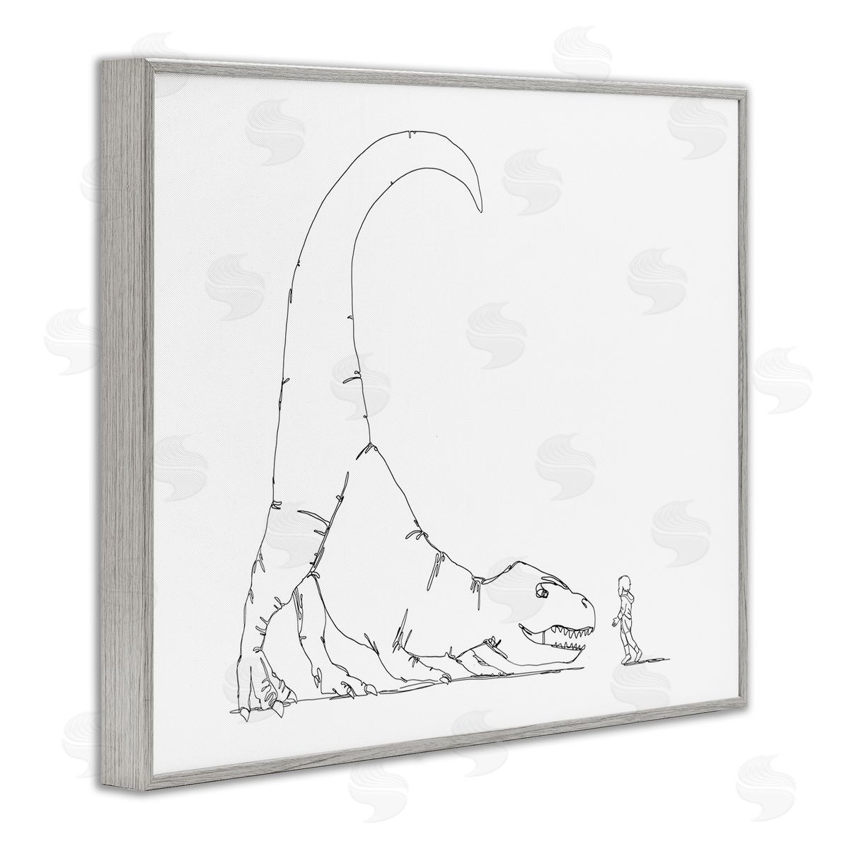Ziwei Li Dinosaur T-Rex and Boy Line Drawing Minimal Gray Framed Giclee Wall Art