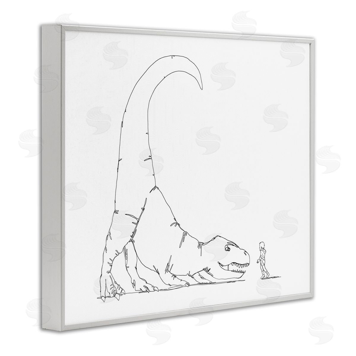 Ziwei Li Dinosaur T-Rex and Boy Line Drawing Minimal White Framed Giclee Wall Art