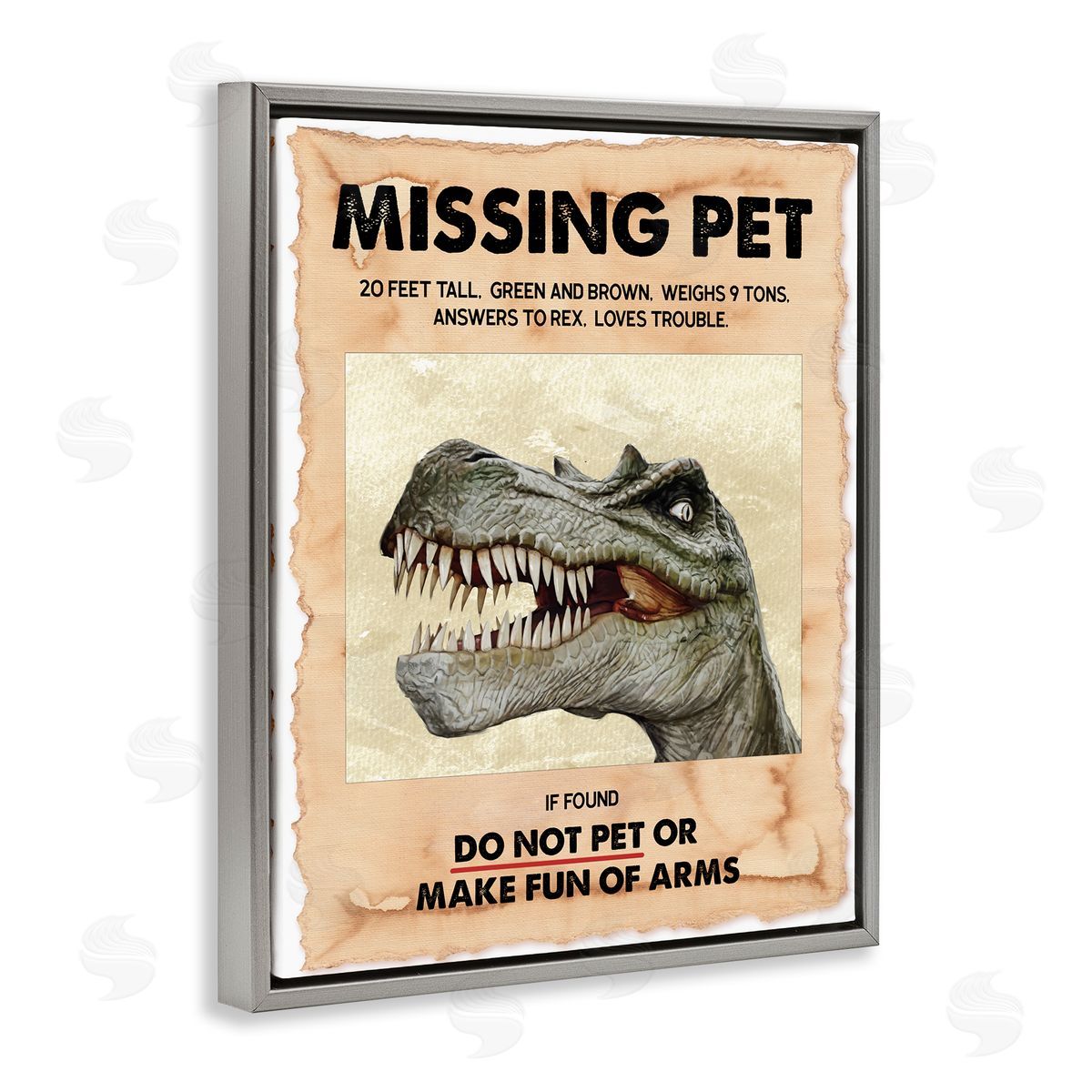 Ziwei Li Missing Pet Dinosaur Sign T-Rex Ancient Reptile Gray Floater Frame Canvas Art