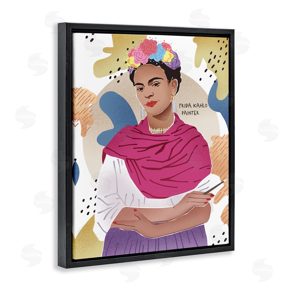 Ziwei Li Frida Posing with Paint Brush Abstract Round Pattern Black Floater Frame Canvas Art