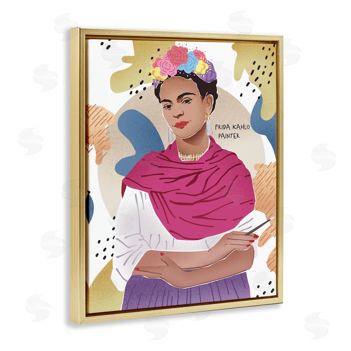 Ziwei Li Frida Posing with Paint Brush Abstract Round Pattern Gold Floater Frame Canvas Art