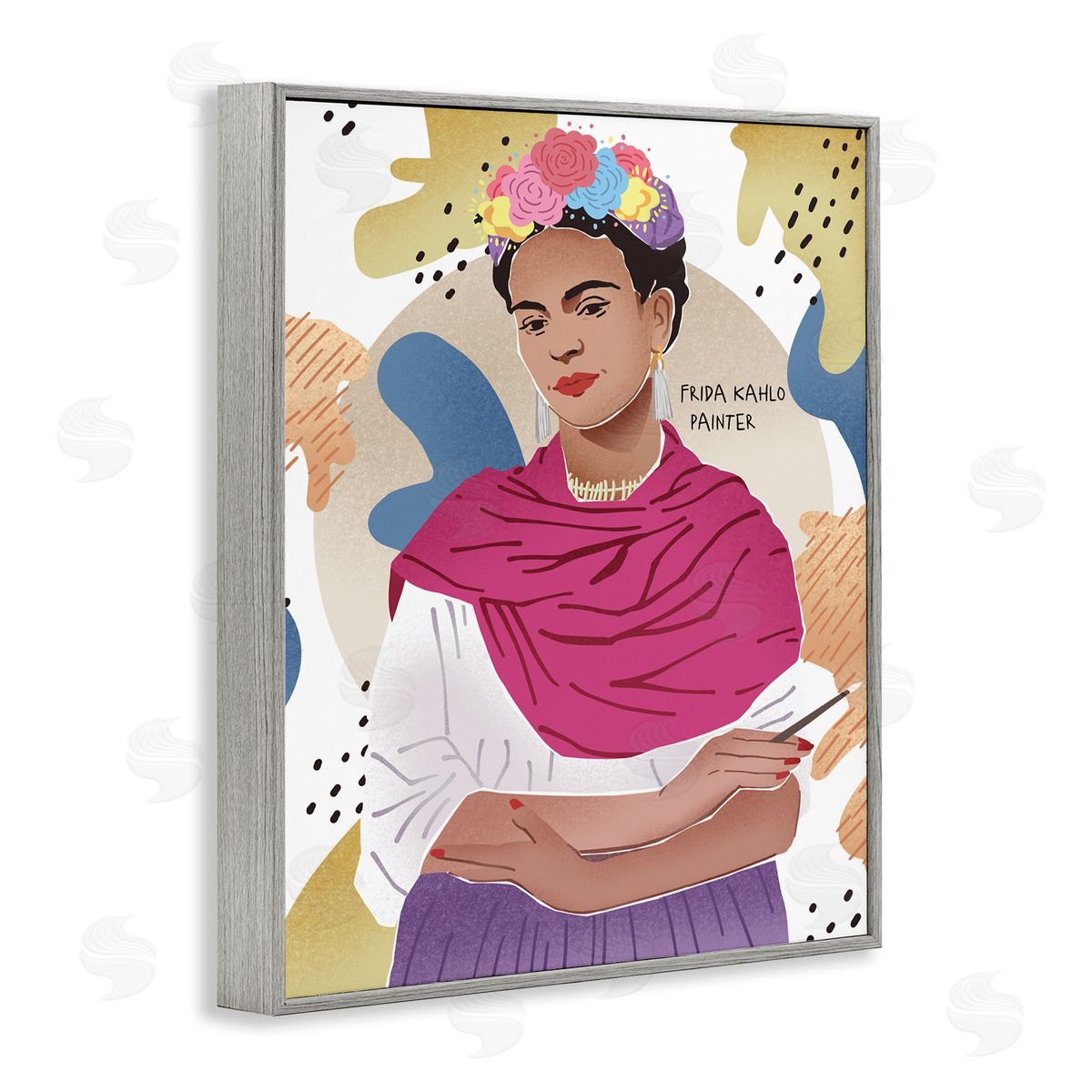 Ziwei Li Frida Posing with Paint Brush Abstract Round Pattern Gray Framed Giclee Wall Art