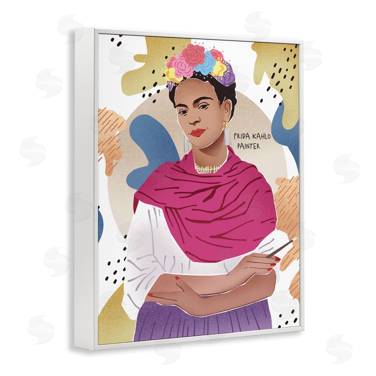 Ziwei Li Frida Posing with Paint Brush Abstract Round Pattern White Framed Giclee Wall Art