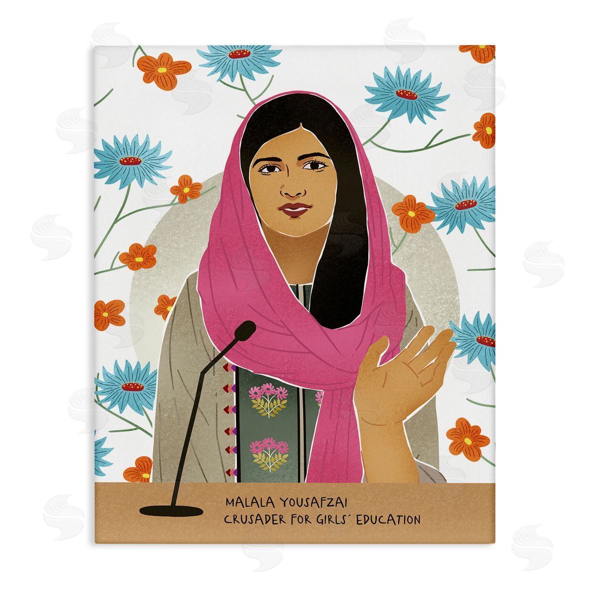 Ziwei Li Malala Speech Over Blue Orange Florals Female Icon Canvas Wall Art