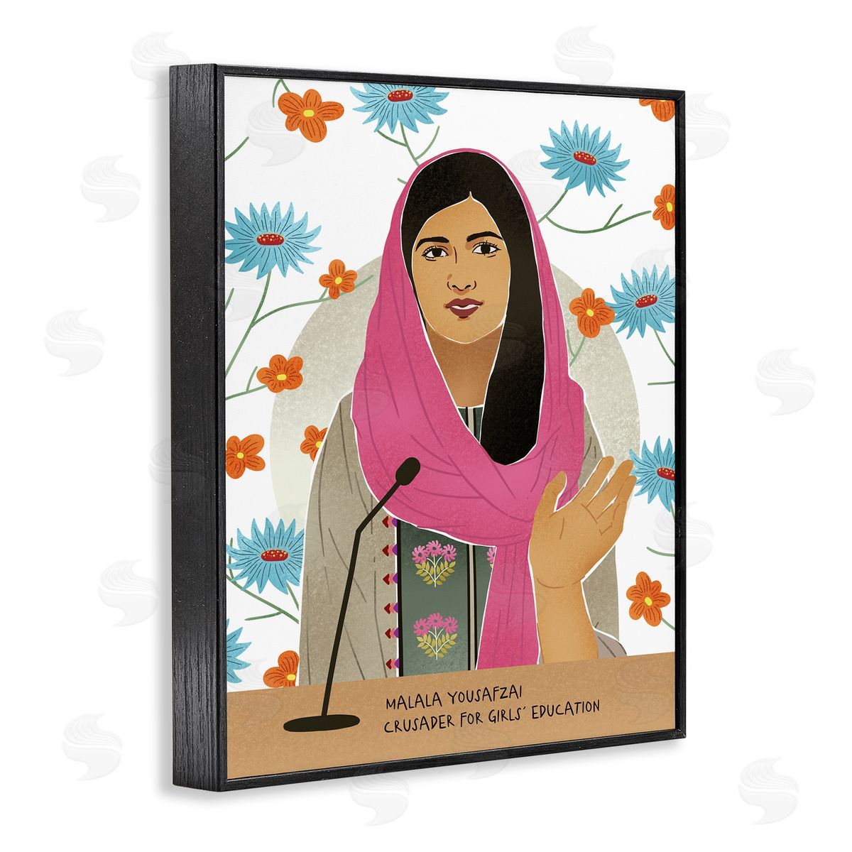 Ziwei Li Malala Speech Over Blue Orange Florals Female Icon Black Framed Giclee Wall Art