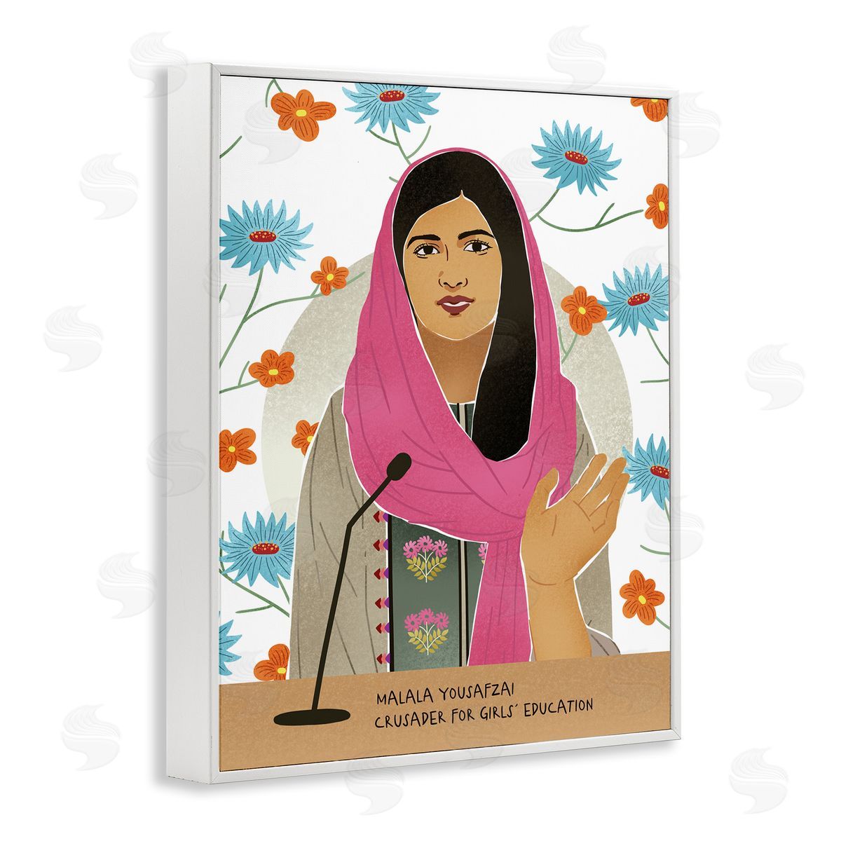 Ziwei Li Malala Speech Over Blue Orange Florals Female Icon White Framed Giclee Wall Art