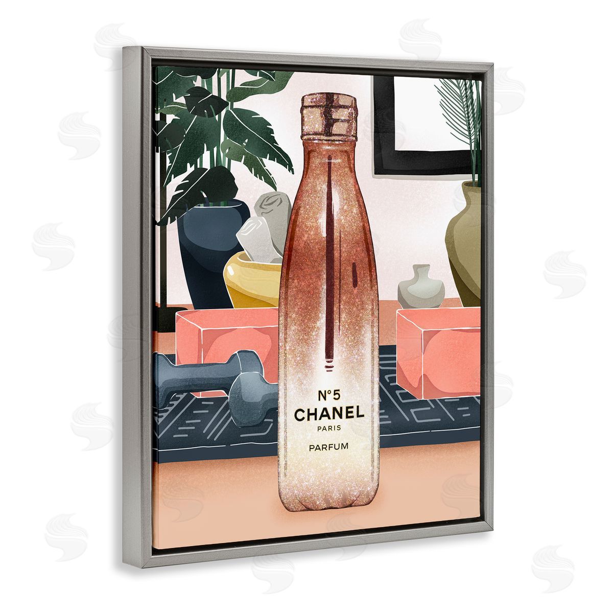 Ziwei Li Glam Fashion Designer Bottle Modern Home Interior Gray Floater Frame Canvas Art